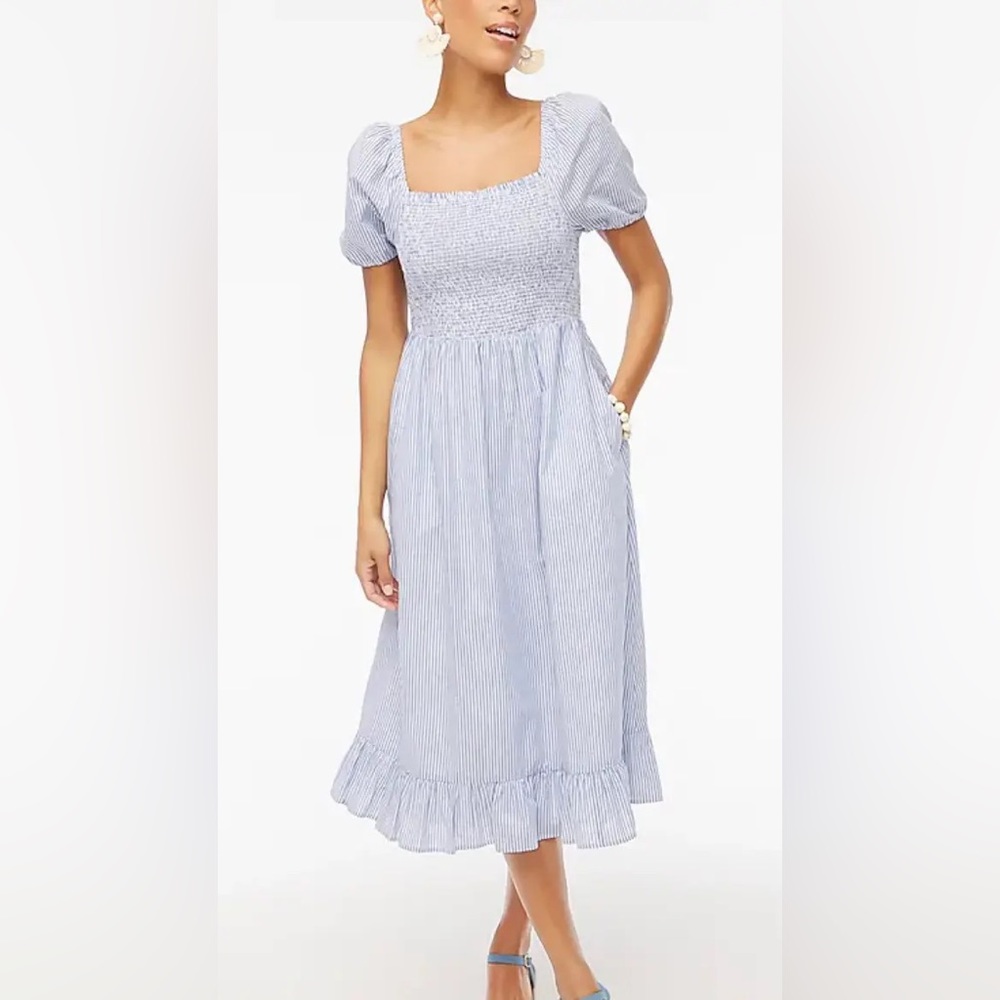 J. Crew Blue and White Ruffled Tiered Midi Dress
